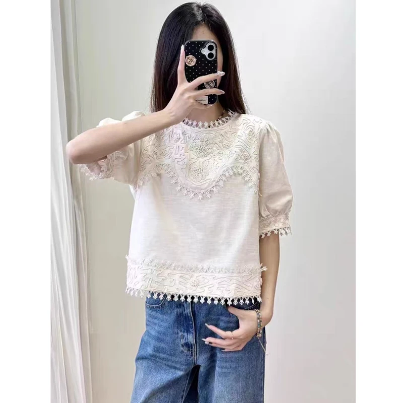 

25 year spring and summer new product lace collar embroidered lace linen short sleeved doll shirt top