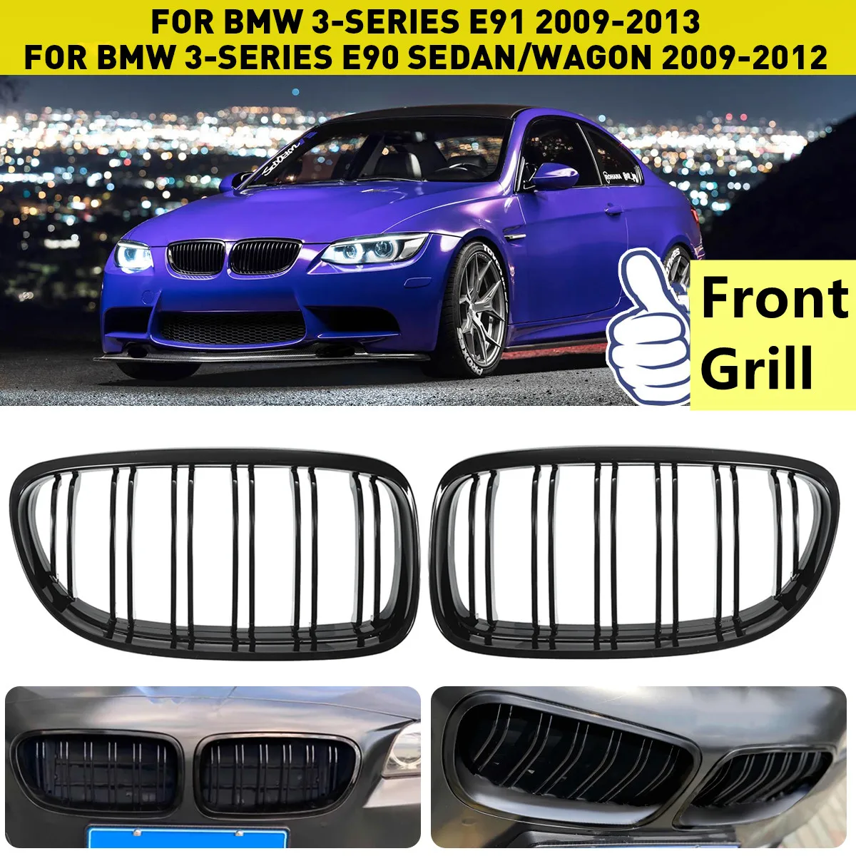 For BMW E90 E91 LCI 3 Series Sedan Wagon 325i 328i 335i 335xi 330i 2009-2013 Pair Front Kidney Double Slat Grill Grilles