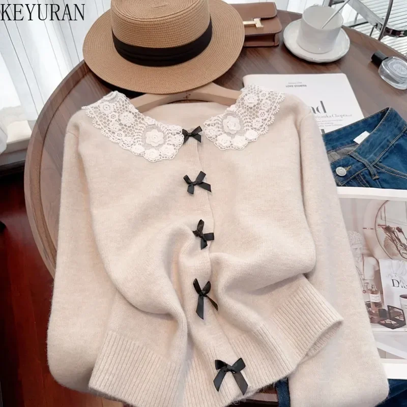 Sweet Lace Peter Pan Collar Bow Tie Sweater Coat Women 2024 Autumn Winter Gentle Style Long Sleeve Knitted Cardigan Mujer Tops