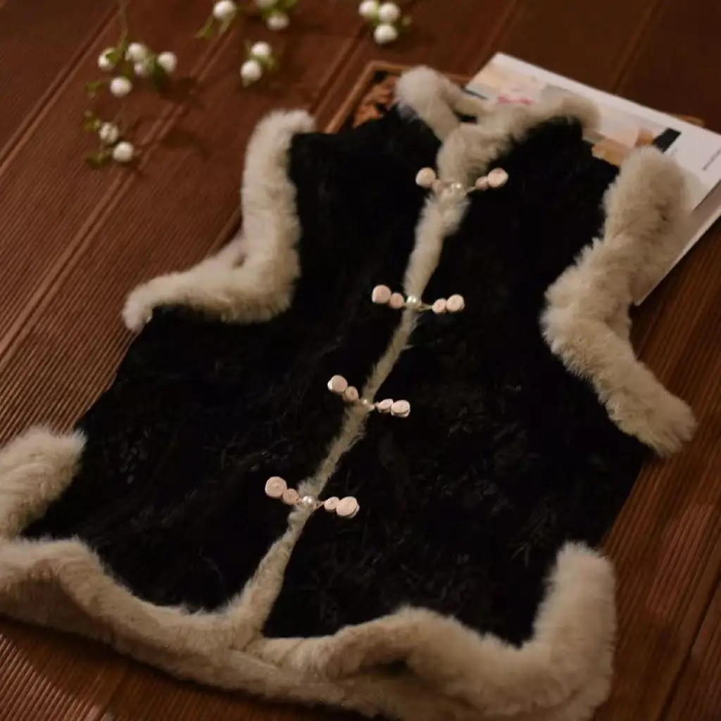 New Chinese Style Vest Women Black Thicken Velvet Traditional Sleeveless Overcoat Palace Button Cardigan Jacket Winter Tang Suit