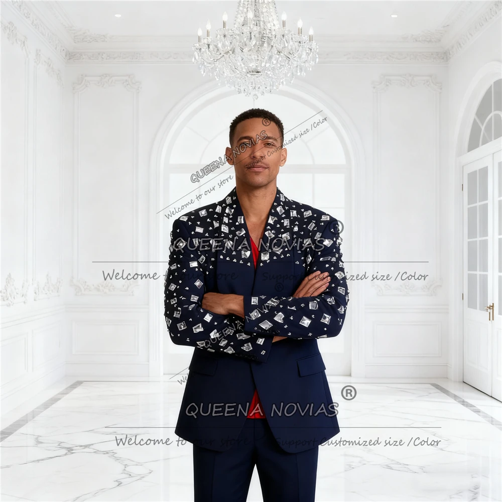 Luxuriöser Anzug mit Perlensteinen für Herren, 2-teiliges Set, Schal, Etikett, Abschlussball, Blazer, individuelles Kostüm, Homme, Bräutigam, Hochzeit, Smoking