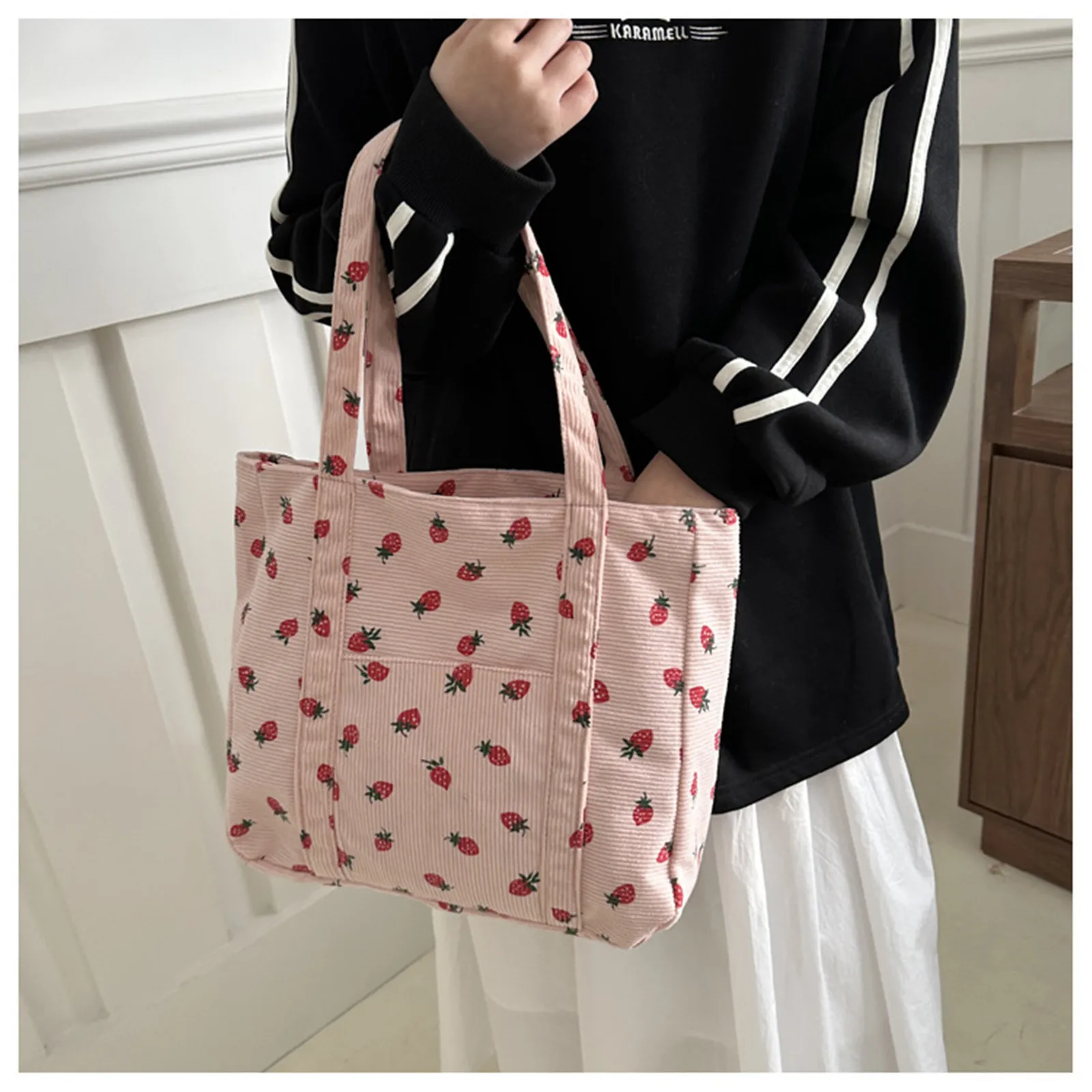 Strawberry Women's Tote Bags Corduroy Versatile Handbags Casual Large Capacity Tote Bags Ladies Aesthetic Commute Underarm Bag