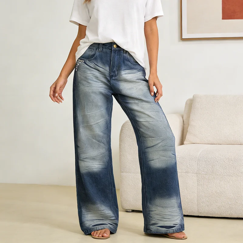 

Spring new retro washed vintage cross hot stamping jeans for women's street straight leg wide leg pants