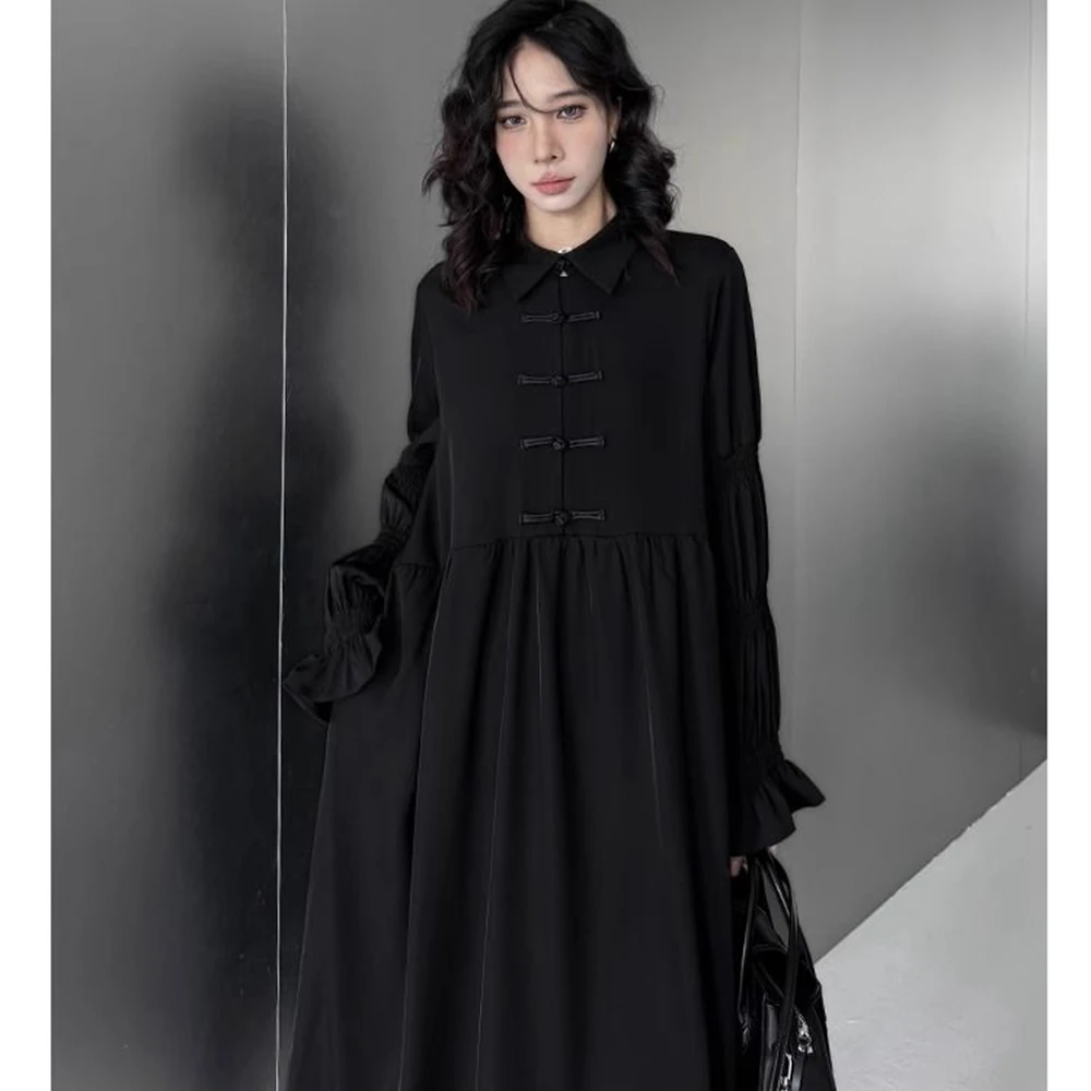 Plus Size 5XL 150kg Autumn Spring Black Dress for Women Long Sleeve Solid Dresses Casual Loose Waist Dresses