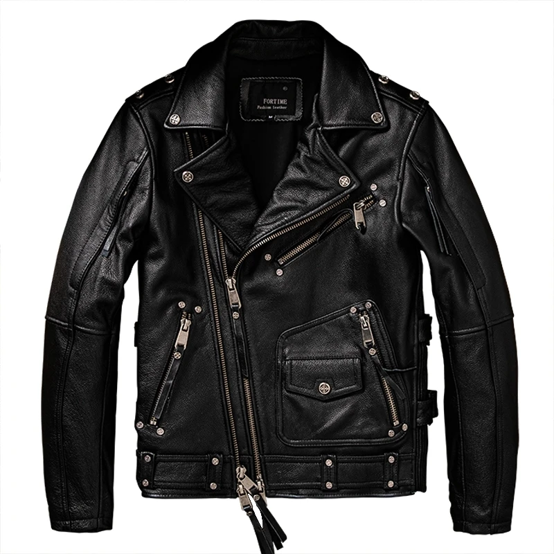 

Black Winter Leather Jacket Men Sports Style Plus Size 6XL Genuine Natural Cowhide Turn-Down Collar Diagonal Zipper Leather Coat
