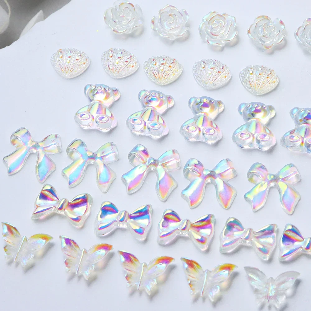 30 Pcs/Set Aurora Nail Art Accessories Iridescent Crystal Butterfly Shell Rhinestone Resin Charms Winter Manicure DIY Decoration