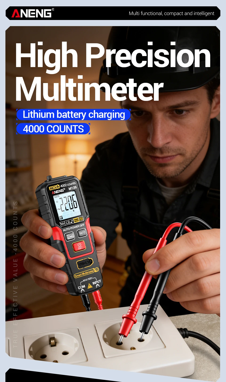 ANENG M129 Wiederaufladbares Digitales Multimeter 4000 Anzeigen NCV AC DC Spannungs- und Widerstandsmessgerät mit Taschenlampe und Auto-Range-Funktion – Detail 1