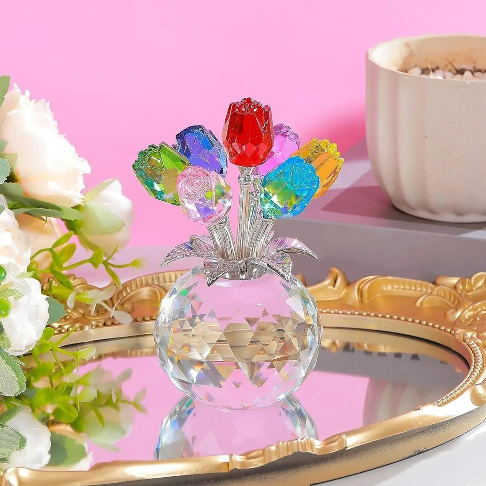 Kristallene Farbige Rosenblüten-Sammlerfigur mit Vase, Kristallrosen-Ornament, Ewige Rose Dekoratives Geschenk zum Valentinstag