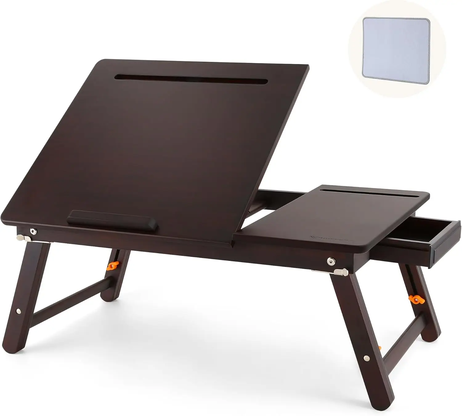 

Регулируемый столик для ноутбука с выдвижным ящиком и ковриком для мыши, складной прикроватный столик для работы, чтения и еды, цвет черный орех