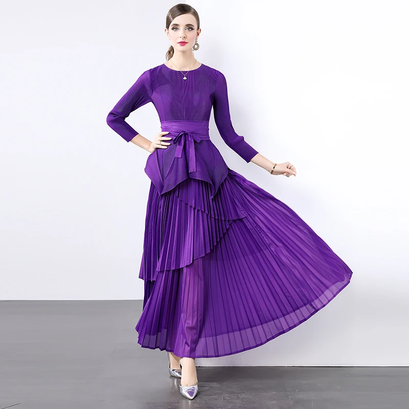 New Fashion Pleated 2 Piece Set For Women Round Collar Irregular Belt Gathered Waist Ruffles Tops + Miyake Party Long Skirt Suit