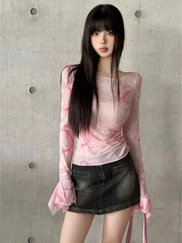Pure Desire Sexy Spicy Girl Mesh Long Sleeve T-Shirt Women Summer New Pink Thin Slim Fit Sun Protection Top Cotton 100%