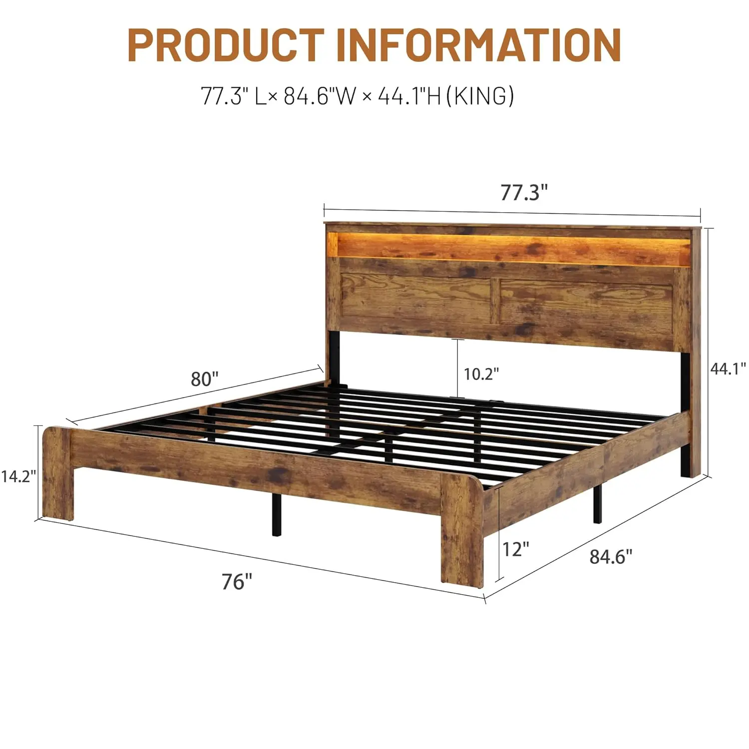 King Wooden Bed Frame With LED Lights USB Charging Station Metal Slats Noise-Free Platform Brown, Customized