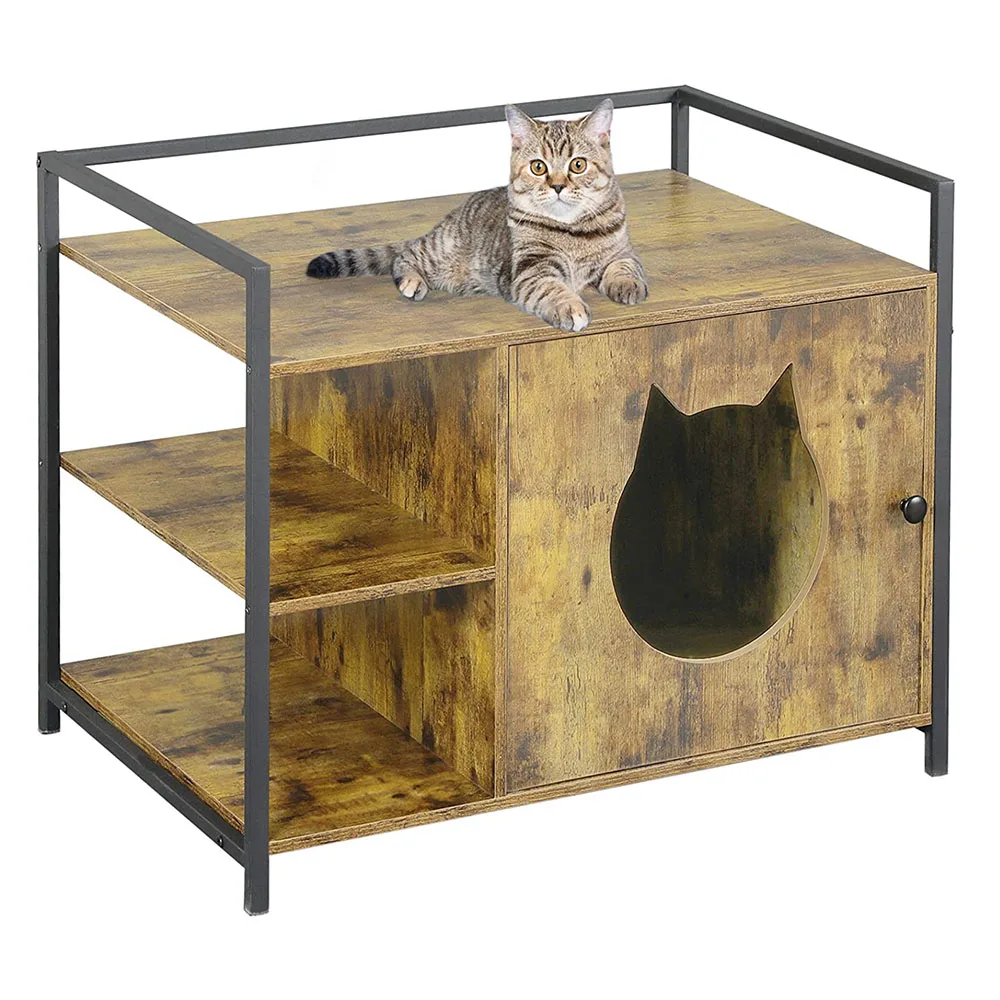 Large Hidden Cat Litter Pet Furniture Cabinet, Privacy Cat Washroom Bench, Cat Dog House Table Nightstand With Iron And Wood