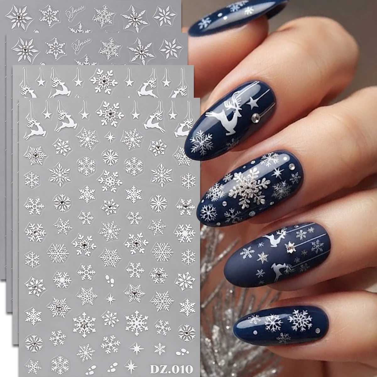 4Pcs 5D Embossed White Snowflake Reindeer & Rhinestone Star Nail Art Stickers, Holiday Gift, Nail Tech Supplies, Xmas Party