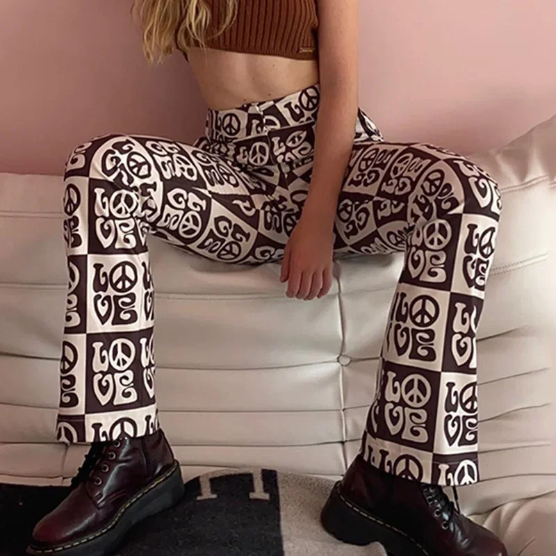 

Vintage Brown Split Side Flare Pants Women Fashion Y2k Female Pants Pattern Print Women Autumn Casual High Waist Trousers Retro