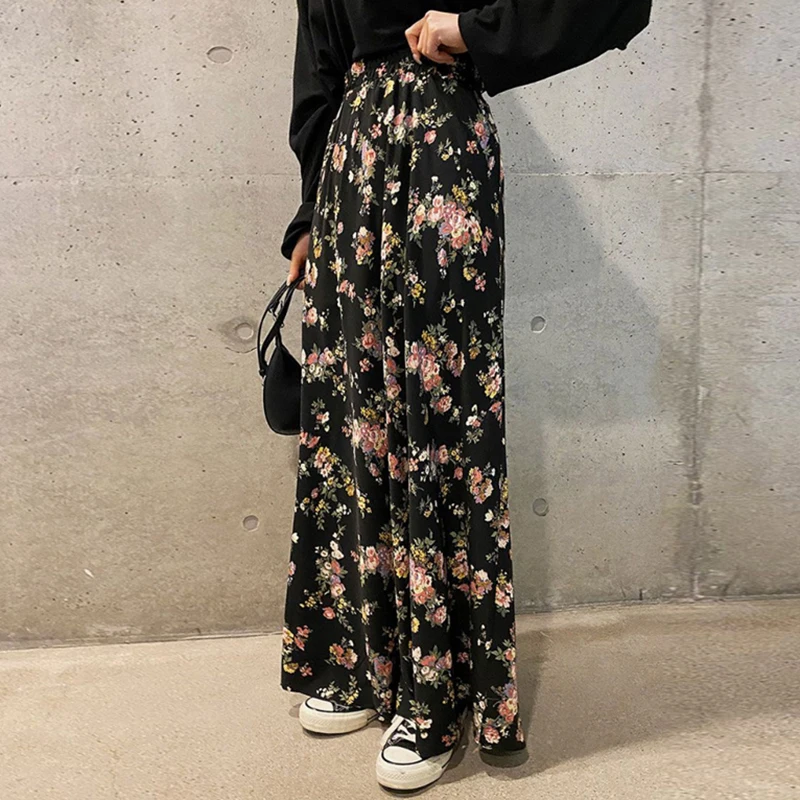 

Ele High Waist Elastic Long Floral Design f Skirt for Women Summer Chic Slimming Knee-Length A-Line Skirt