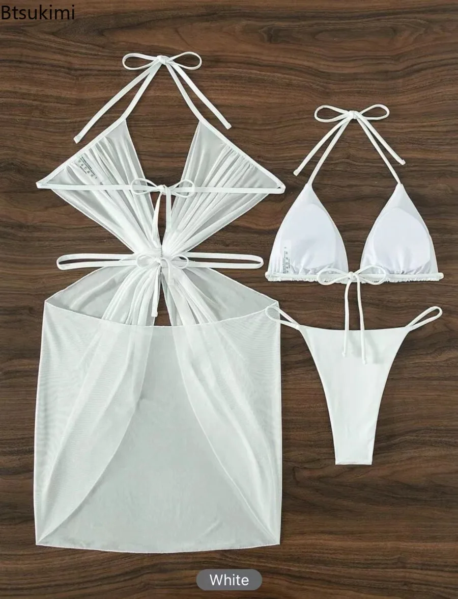 Summer Hollow Out Halter String 3-Piece Bikini Set Female Mesh Cover-up Female Swimwear New Women Solid Color Tie-up Beachsuit