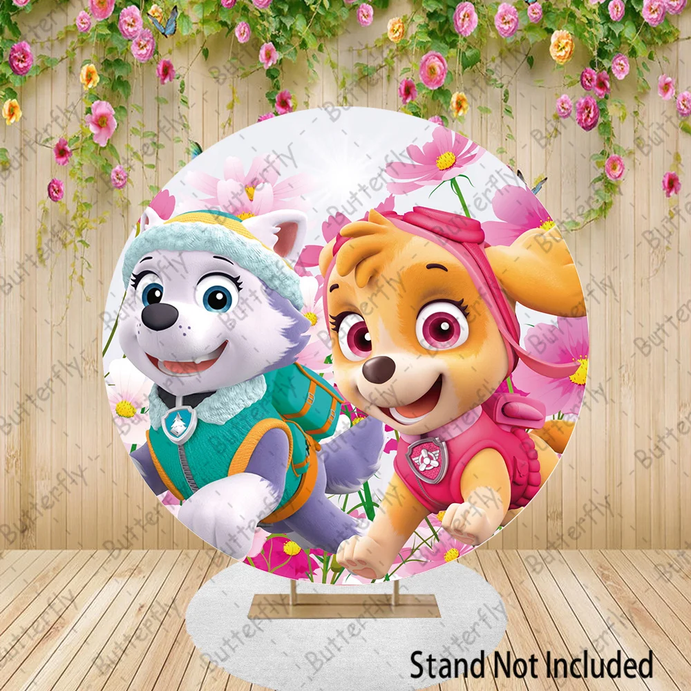 Backdrop Flowers Pink Heart Rocky Flying Dog Skye Pink Girls Paw Patrol Cartoon Round Photography Baby Shower Background Banner