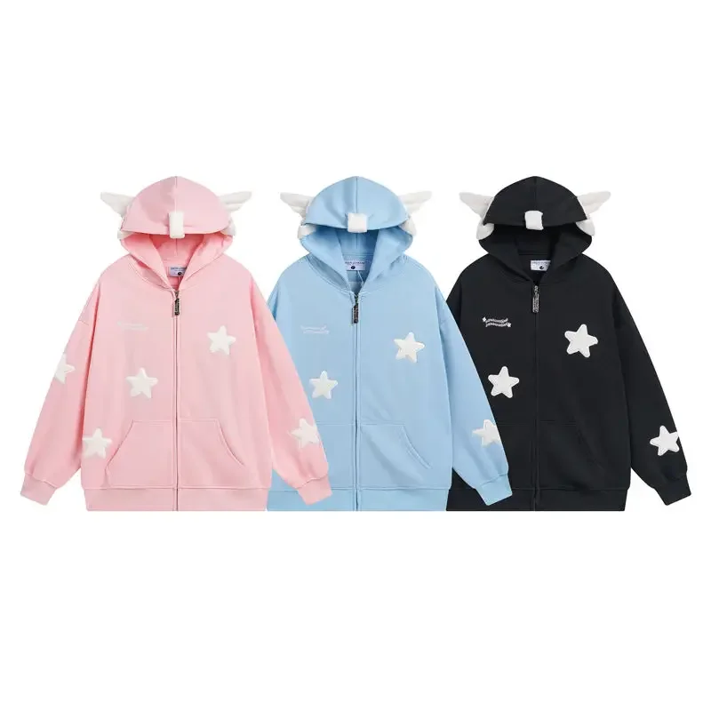 Harajuku zip up hoodie roupas de outono streetwear feminino 2025 kawaii orelha solto casaco japonês doce bonito cardigan com capuz feminino