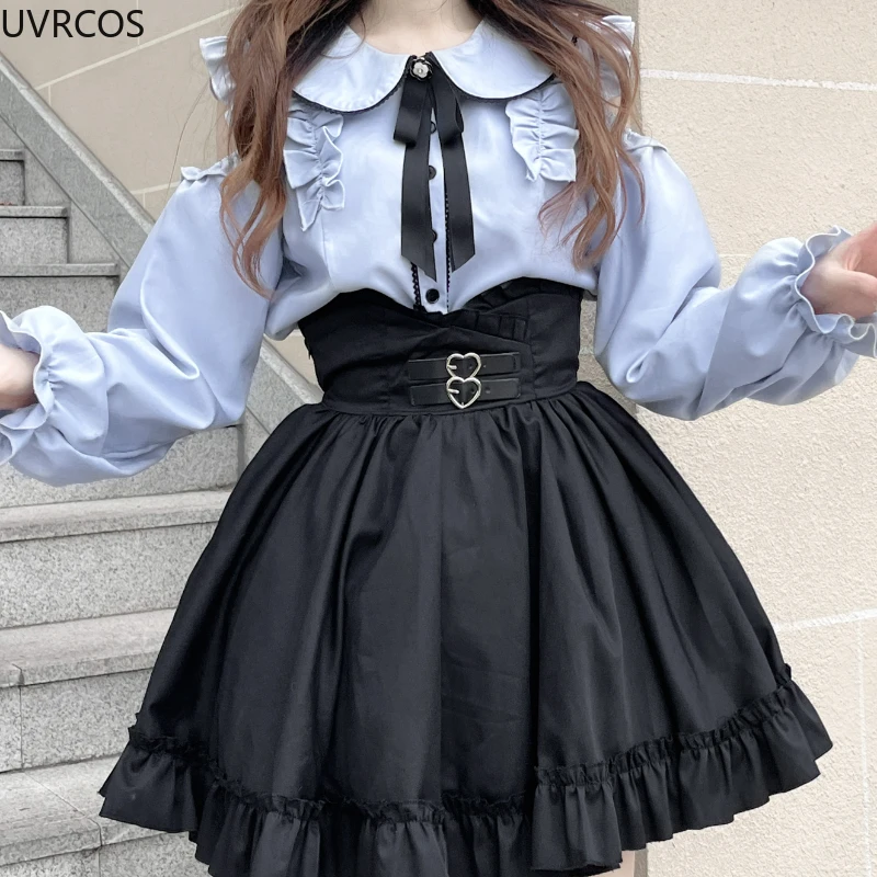 Japanese Gothic Lolita JK Skirt Sets Women Kawii Peter Pan Collar Off Shoulder Shirts Mini Skirts Harajuku Y2k School Girls Suit