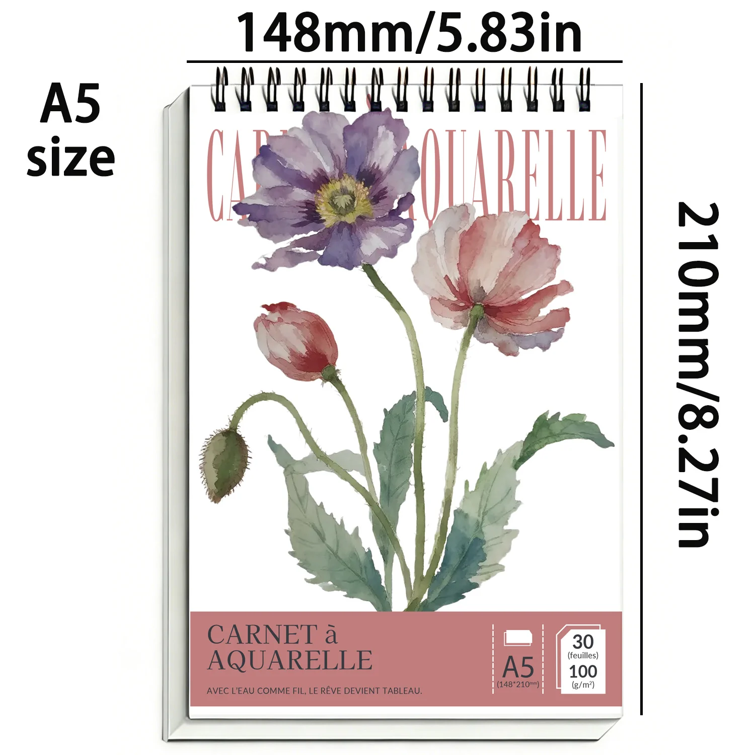 Botanical Art Spiral Watercolor Pad | A5, 100gsm Acid-Free Cold-Pressed Paper, 30 Sheets, Poppy Floral Watercolor Cover, Lay-