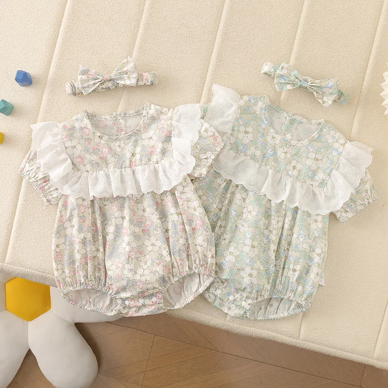 Korean Style Summer RomperTiny Floral Lace Ruffle Short Sleeve Jumpsuit Thin Breathable Outfit For Girls