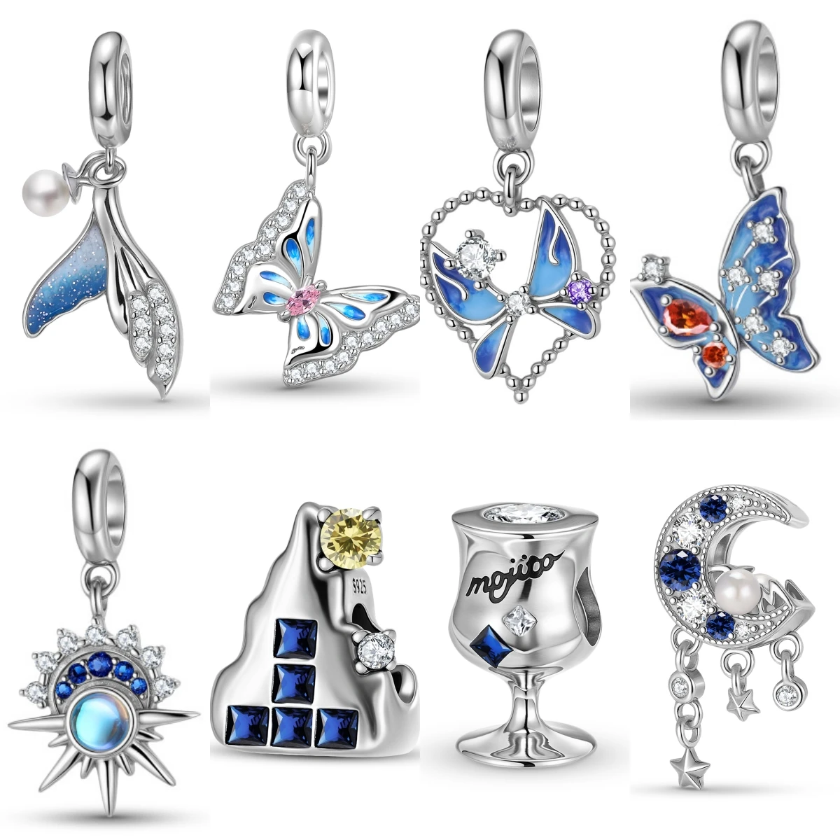 

925 Sterling Silver Flight Travel Wine Glass Cocktail Butterfly Pendant Charm Fit Original Bracelet Diy Jewelry Accessories