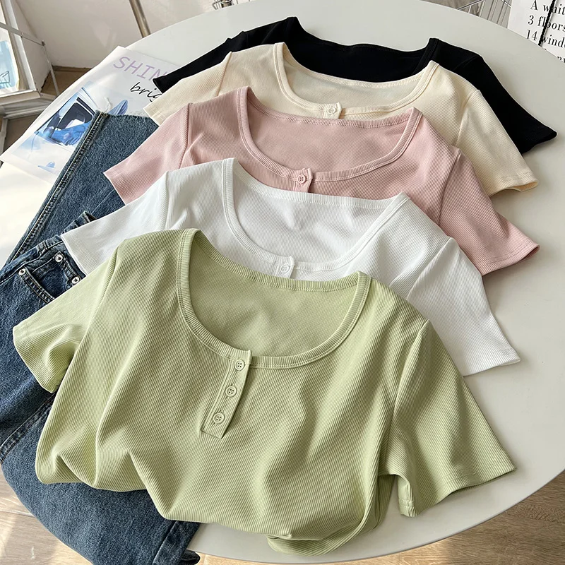 Slim Fit Short Sleeve T-Shirt Women's Elastic Design Button Detail Korean Style Commute Fashion Summer Top Slimming Base Shirt
