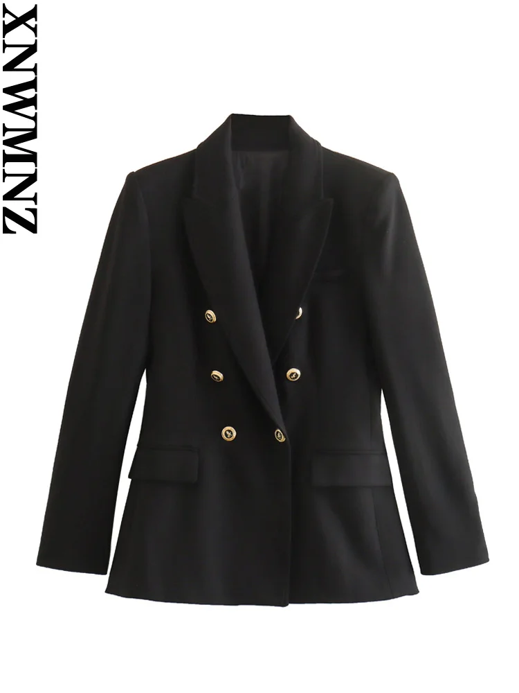 XNWMNZ 2023 Women fashion double-breasted blazer Woman lapel long-sleeve pocket gold button coat female chic suit