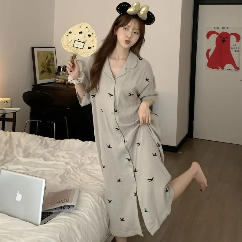 Bird Print Omen Nightgown Summer Korean Sleepwear Ruffles Night Dress Turn Down Collar One Piece Pajamas Short Sleeve Home Wears