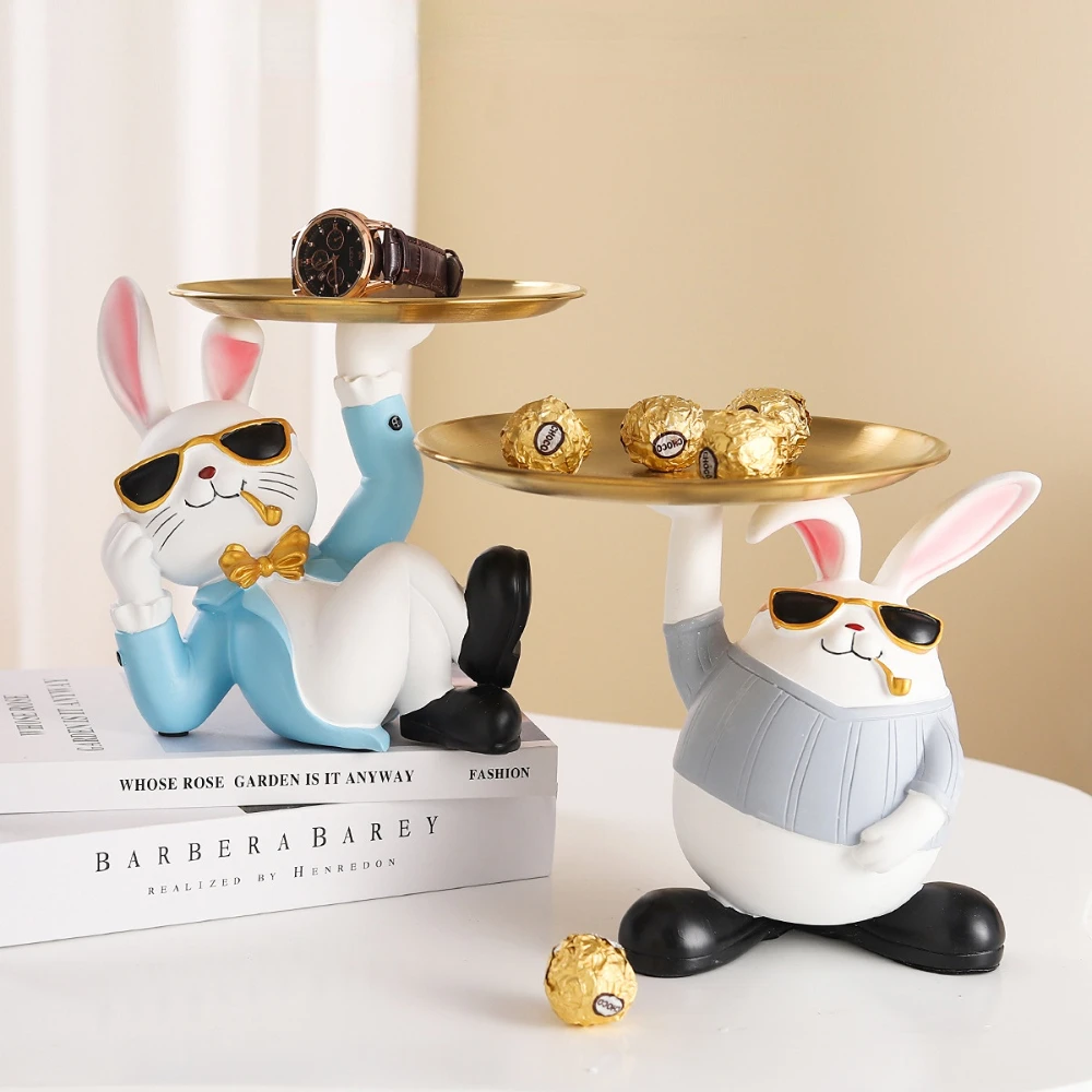 Home Decor Cartoon Rabbit Statue Tray Ornament Living Room Desktop Storage Decorative Animal Sculpture Resin Crafts Gothic Decor