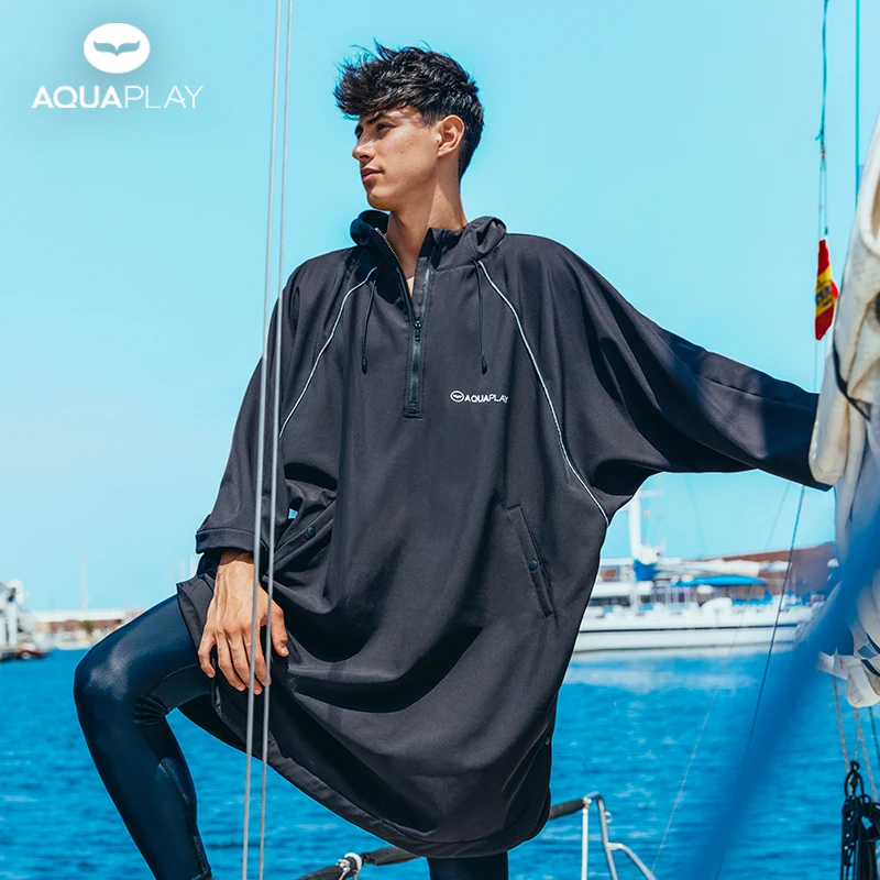 

AquaPlay Fashionable Black Premium Surf Cape Beach Quick Dry Blanket Hooded Wetsuit Cape Warm Swimming Surfing