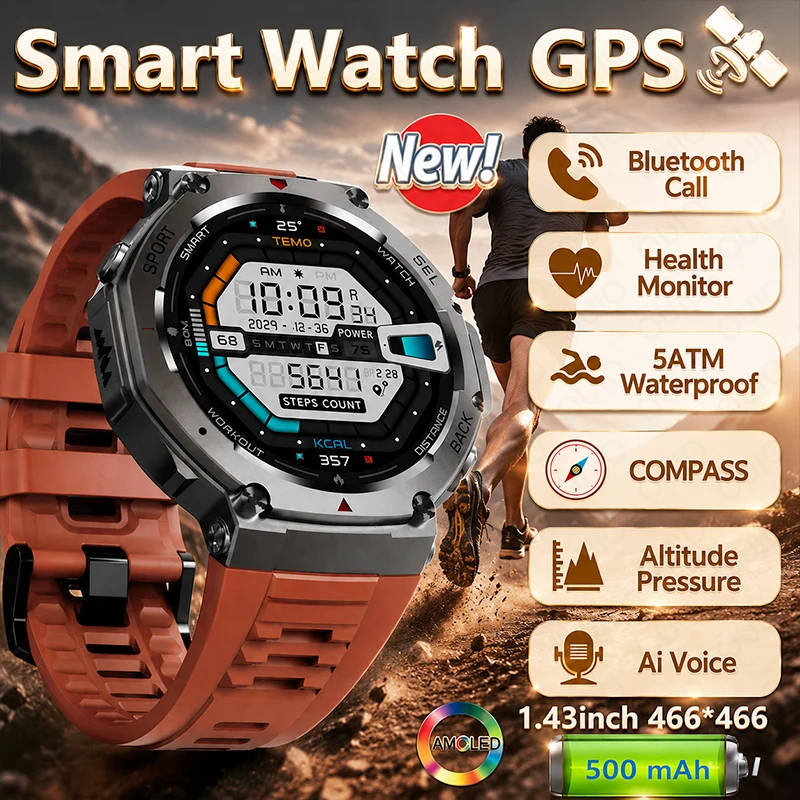 

2026New Military GPS Sports Watch 5ATM Waterproof 1.43" AMOLED 170+Sports Mode 500mAh Battery Compass BT Talk Smart Sports Watch