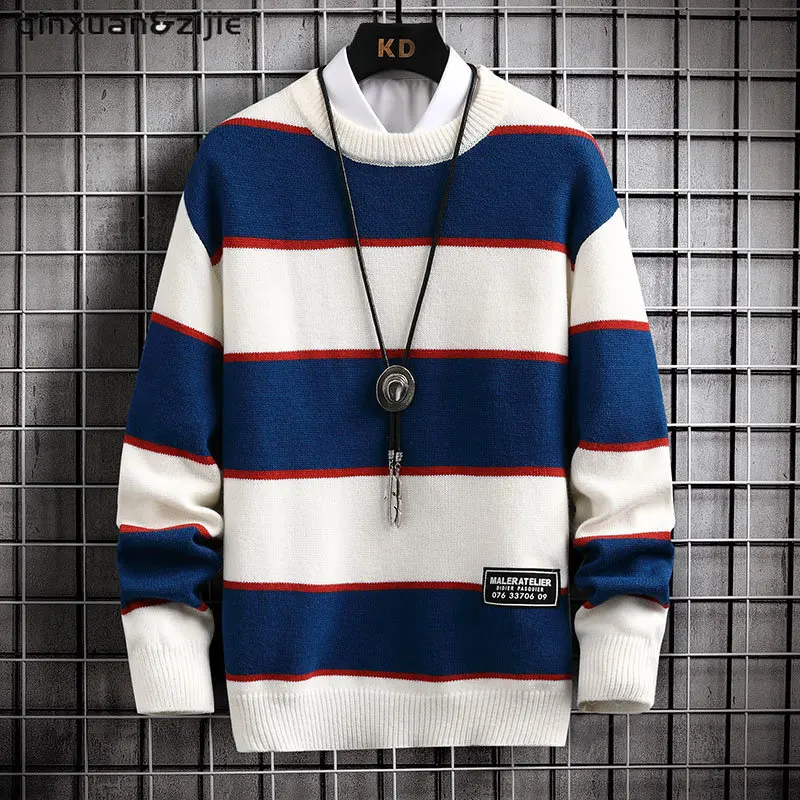 Sweter Rajutan Pullover Gambar Bergaris Kartun Pria Atasan Longgar Leher-o Kasual Harajuku Streetwear Uniseks Mode Musim Gugur Korea