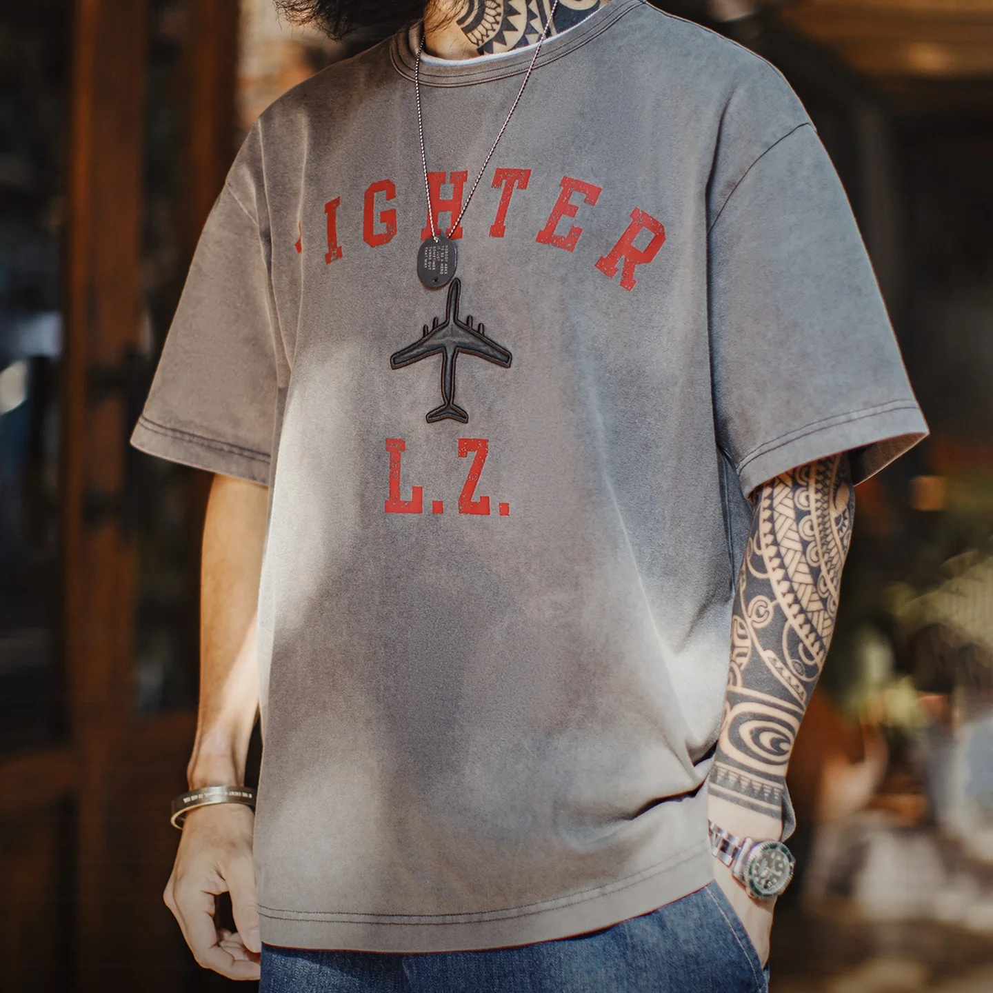 Maden Men's Vintage Fighter Plane Print T-Shirt Heavyweight Cotton Oversized Crew Neck Summer Casual Streetwear Tee Men's Tops