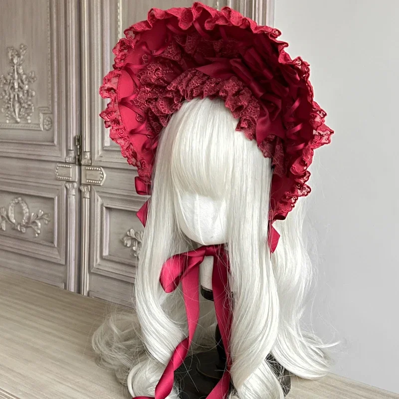 

Original Handmade Gothic Lolita Wine Red Lace BNT Hat Women Vintage Victorian Elegant Ribbon Bandage Tea Party Beach Flat Cap