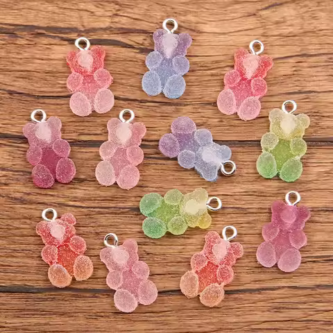 20Pcs 11*20mm 6 Color Colorful Bear Charms Resin Cabochons Glitter Gummy Candy Necklace Keychain Pendant DIY Making Accessories