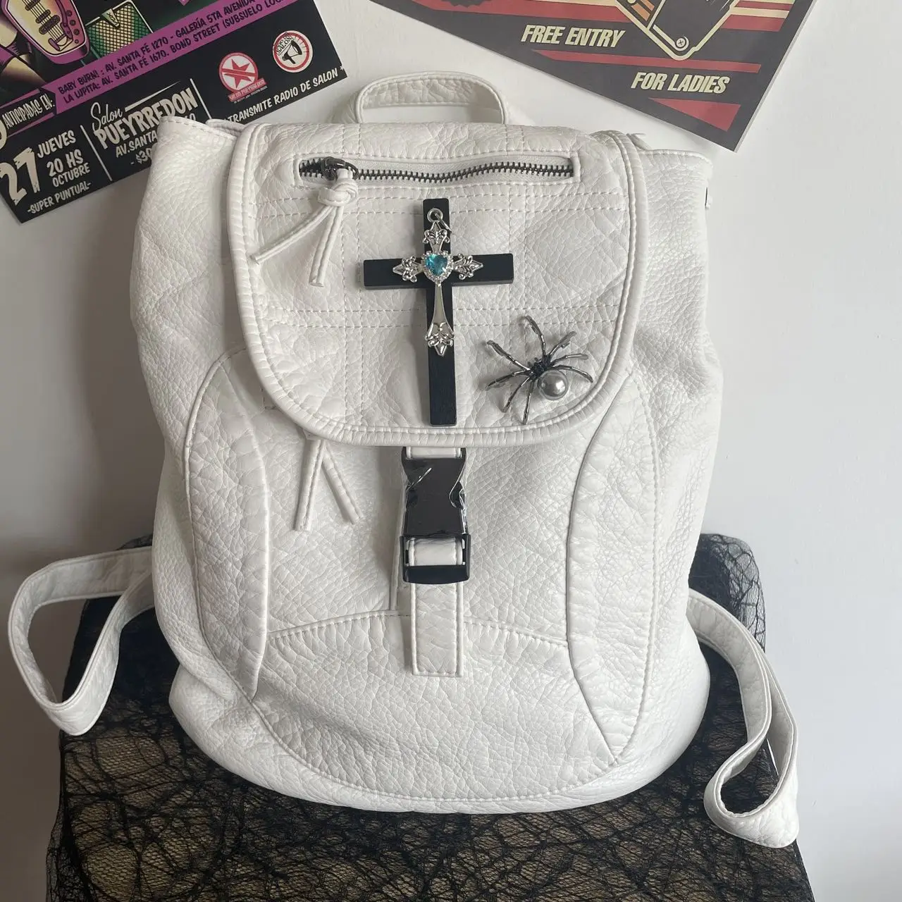 

Gothic Black Cross Embellished White Leather Backpack Versatile and Stylish Backpacks for Women’s Bag