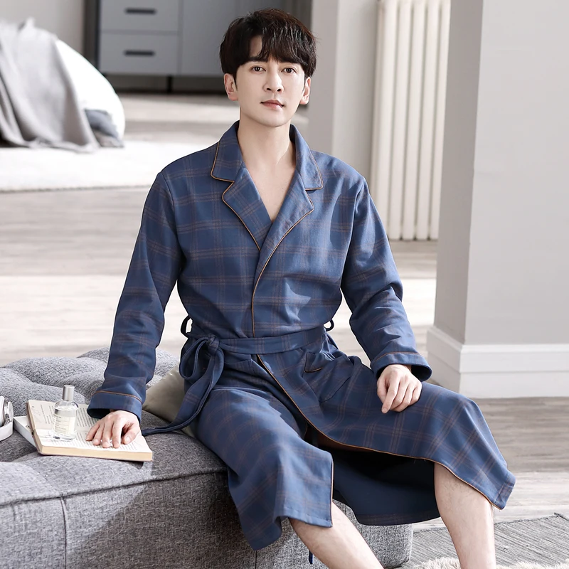 Casual Plaid Men Long Nightgown Kimono Bathrobe Gown Cotton V-neck Intimate Lingerie Long Sleeve Spa Robes Sleepwear For Male