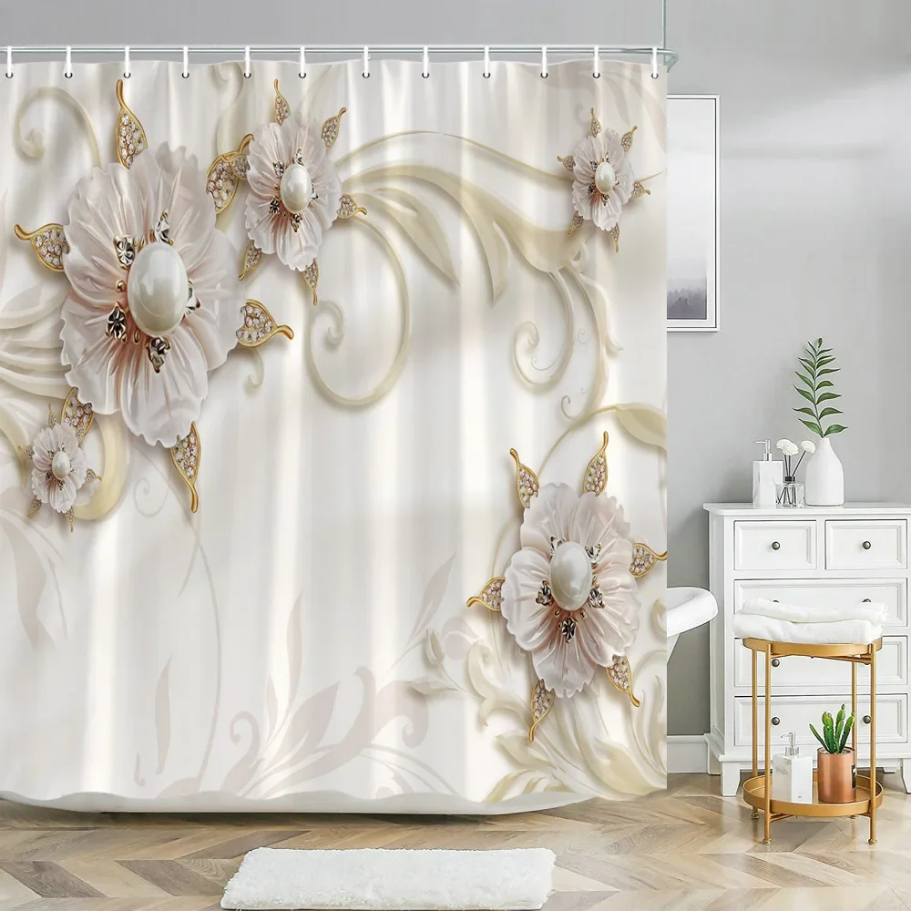 Luxury Fashion Pearl Bouquet Shower Curtain Elegant Diamond Fantasy 3D Style Polyester Bath Curtains Rug Set Home Bathroom Decor