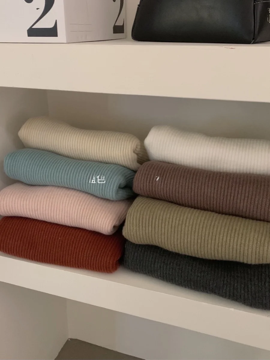 سترة محبوكة بياقة عالية من Thiened سترة نسائية كسول بلون نقي كبير سترة رقيق إحساس كراميل لاتيه Sle تصميم حلو #5