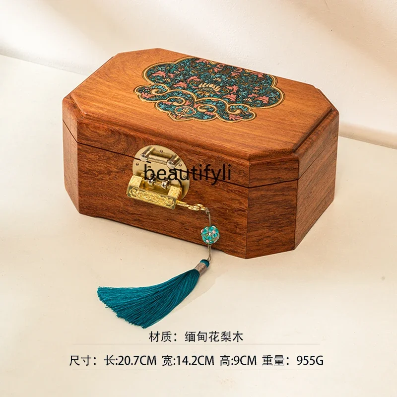 High-end rosewood jewelry box, solid wood exquisite national style mahogany storage box with lock retro