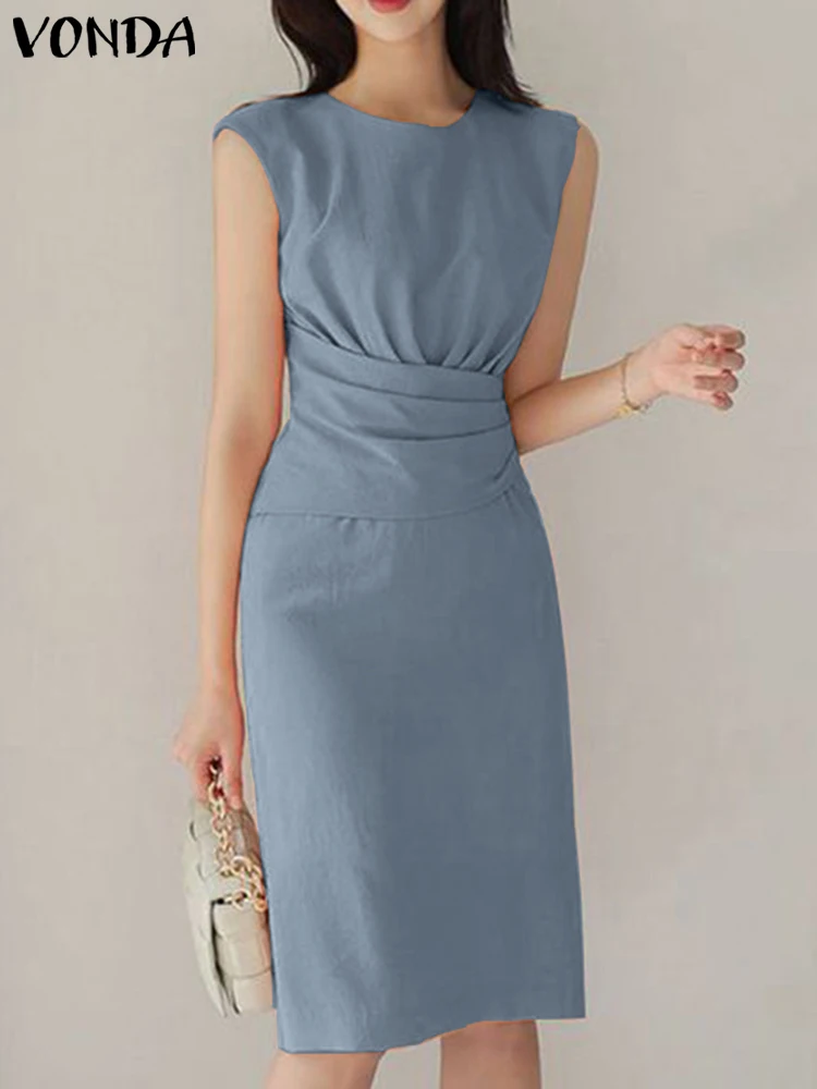 

VONDA Elegant Office Dress Women 2023 Sleeveless Solid Color Long Shirt Sundress Fashion Pleated Casual Party Vestidos Robe