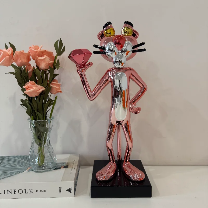 40cm Pink Panther Figurine – Trendy Electroplated & Polished Tabletop Decor for Living Room or Entryway