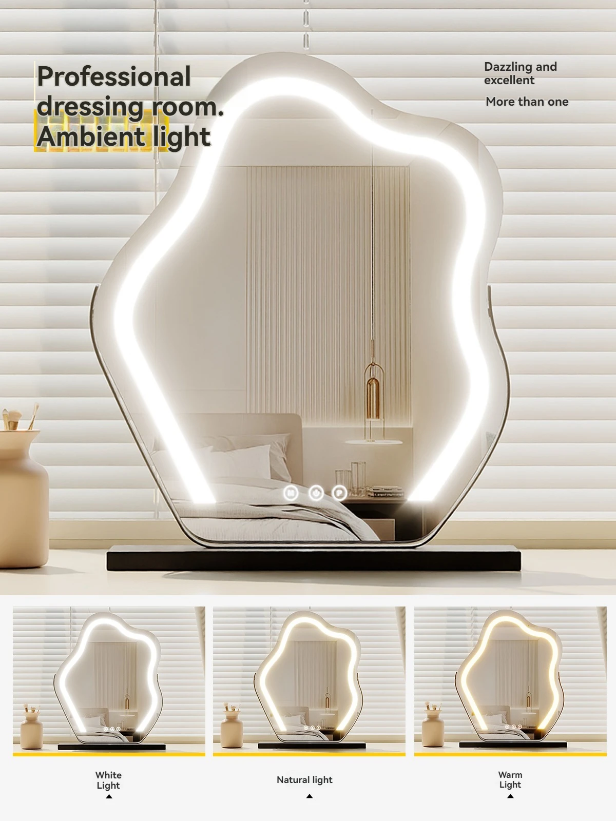 กระจกแต่งหน้าอัจฉริยะ กระจกแต่งหน้าแบบคลาวด์ พร้อมไฟ LED กระจกตั้งโต๊ะ ไฟหรูหรา หมุนได้ สำหรับห้องนอนใหญ่