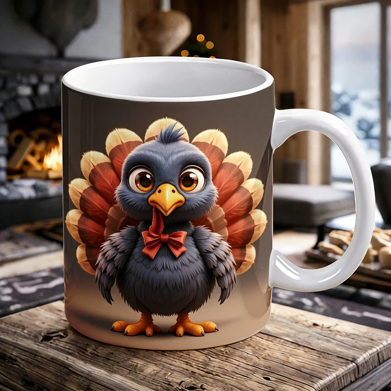 

Novelty Ceramic Coffee Mug,All-Over Print Cute Chibi Turkey,Gradient Brown Orange Red Feathers Tea Cup,Office Mug Drinkware Gift