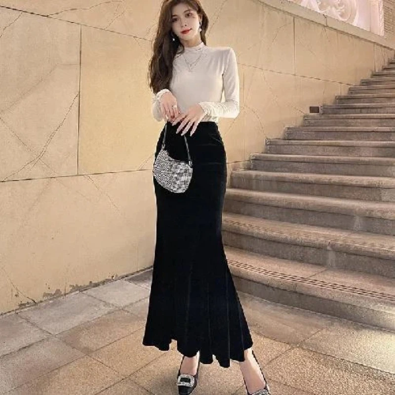 

Простота, темперамент, тонкое бархатное черное платье миди, весна-осень, универсальная элегантная юбка трапециевидной формы, модная офисная женская одежда