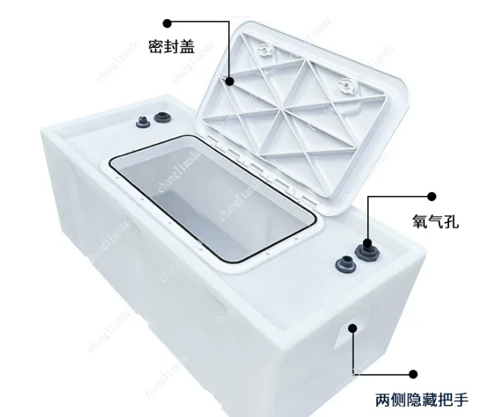 Caja de transporte horizontal tipo clamshell de 100L/130L/180L para camión, para transporte de pescado vivo, tanque de agua modificado a prueba de fugas