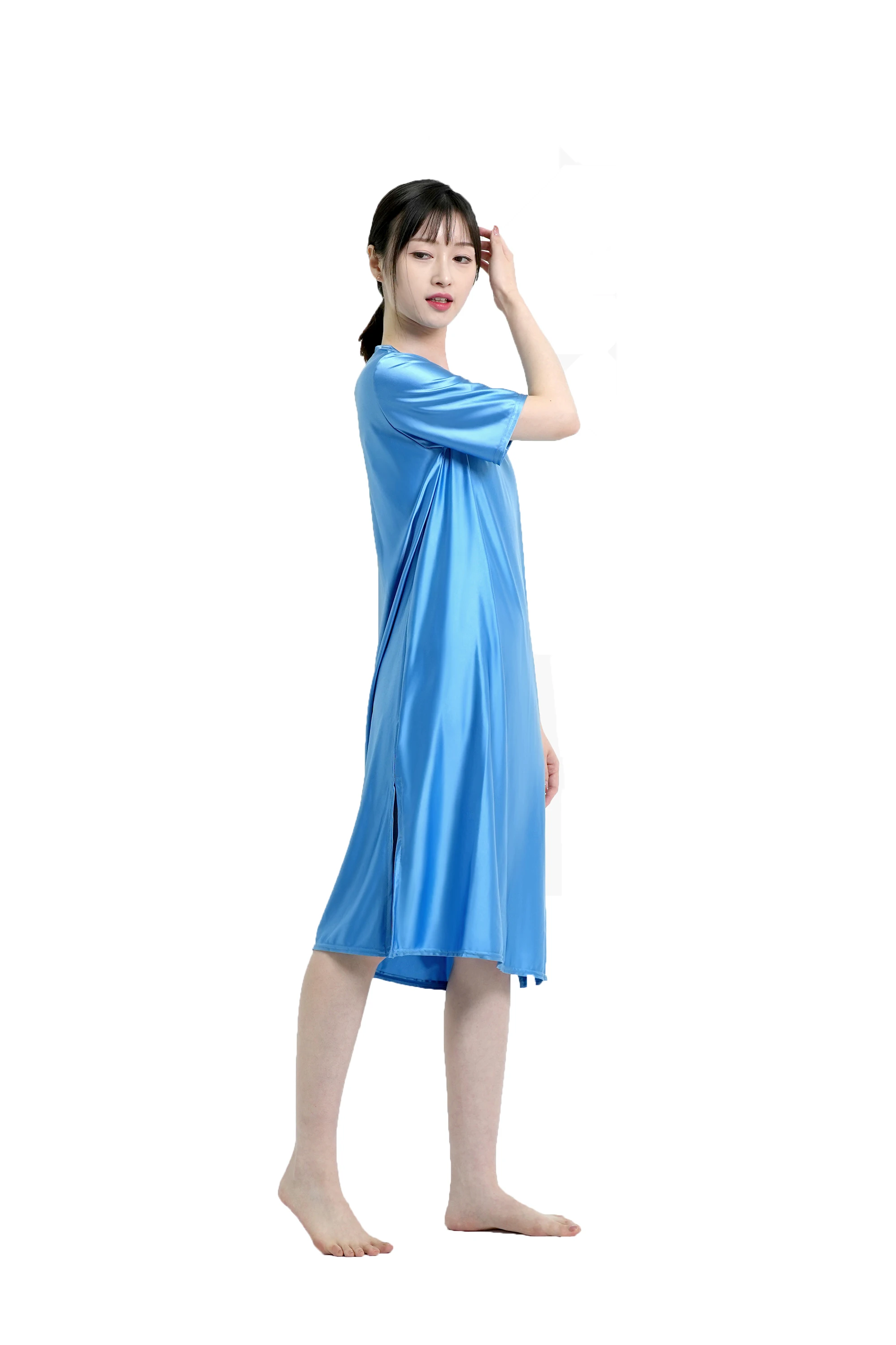 MJINM Women Silky Oil Smooth Long Dresses V-Neck Short Sleeve Comfortable Beach Casual Glossy Loose Housewear Pajamas Nightdress