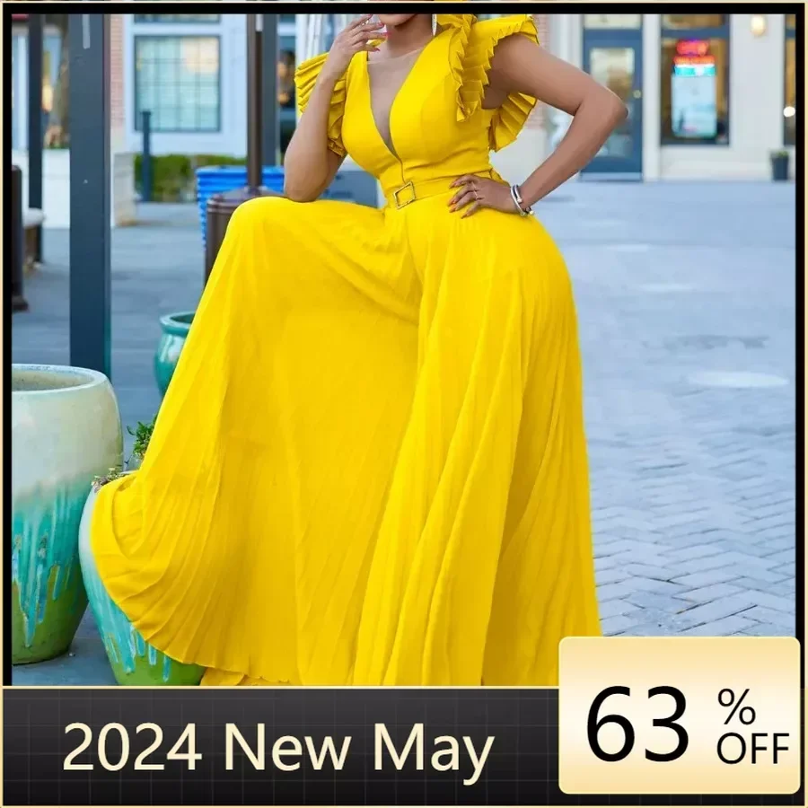 Women Wide Leg Jumpsuits Pleated High Waist V Neck Ruffles African Female One Piece Rompers Elegant Summer Fashion Yellow 2024